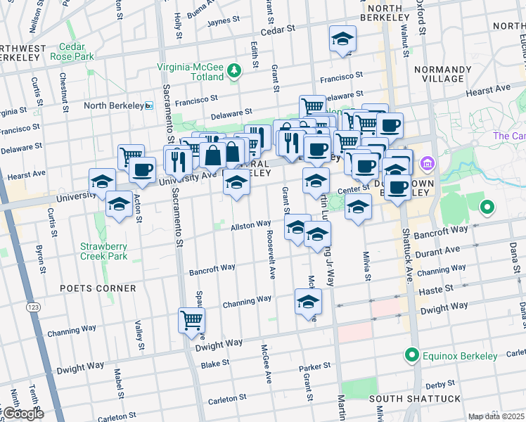 map of restaurants, bars, coffee shops, grocery stores, and more near 2127 McGee Avenue in Berkeley