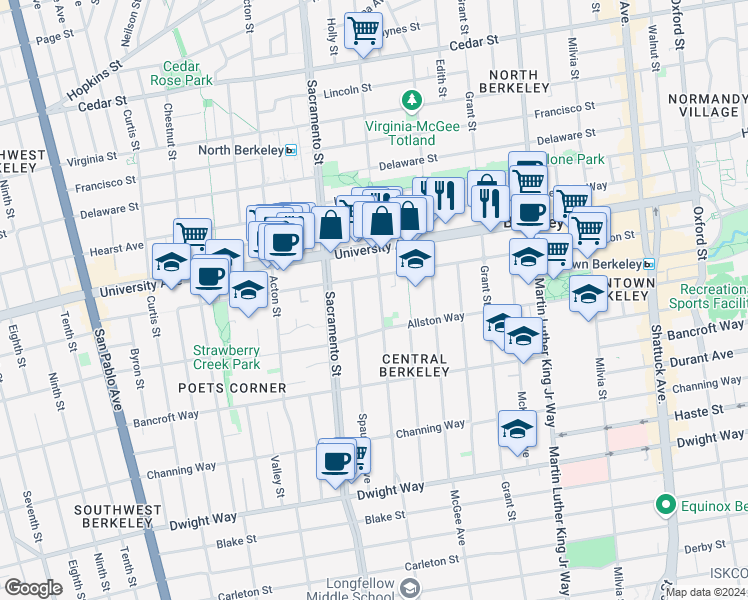map of restaurants, bars, coffee shops, grocery stores, and more near 2118 California Street in Berkeley