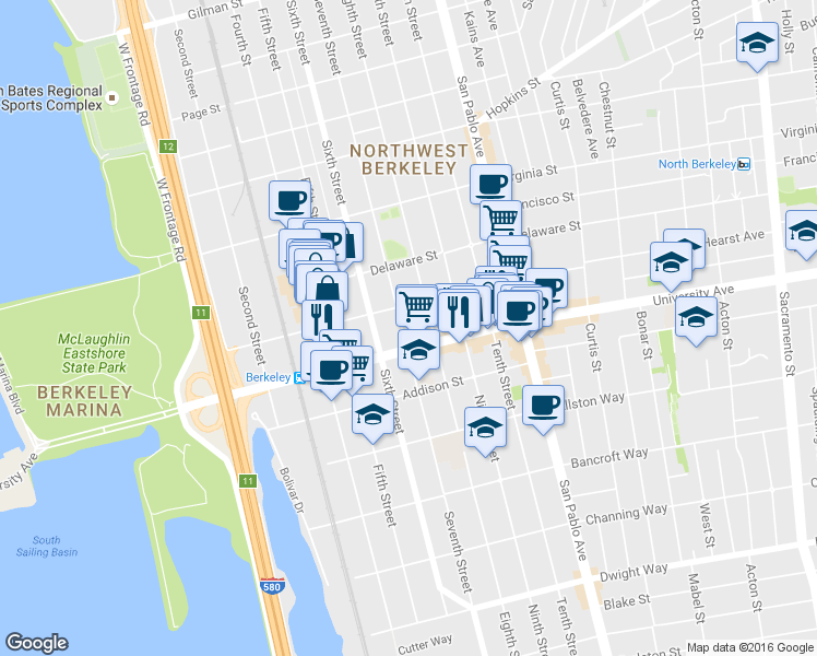 map of restaurants, bars, coffee shops, grocery stores, and more near 1909 Seventh Street in Berkeley