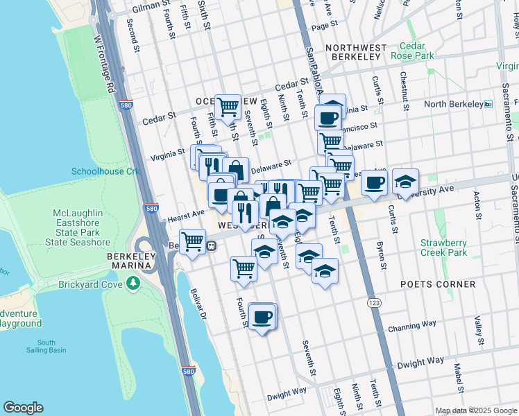 map of restaurants, bars, coffee shops, grocery stores, and more near 1903 Sixth Street in Berkeley