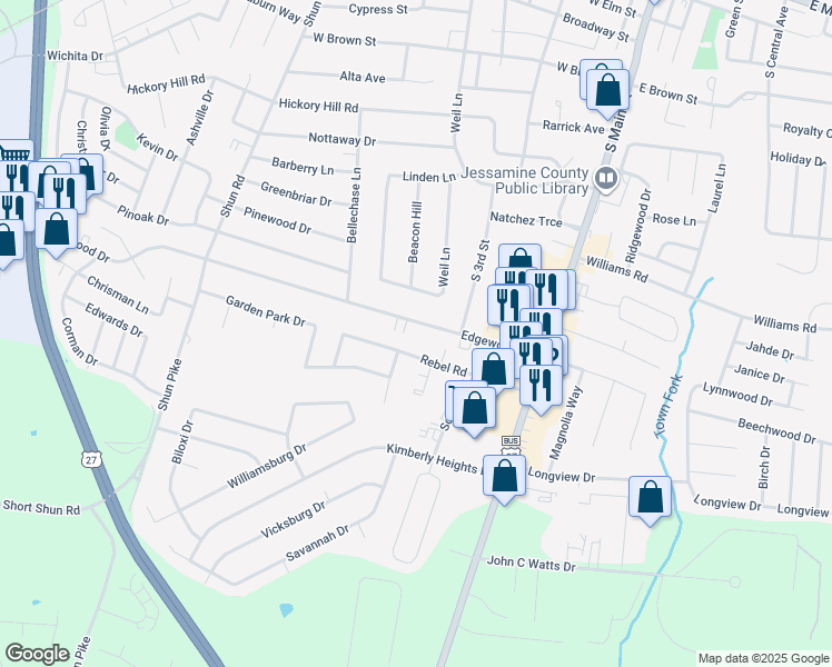 map of restaurants, bars, coffee shops, grocery stores, and more near 306 Edgewood Drive in Nicholasville