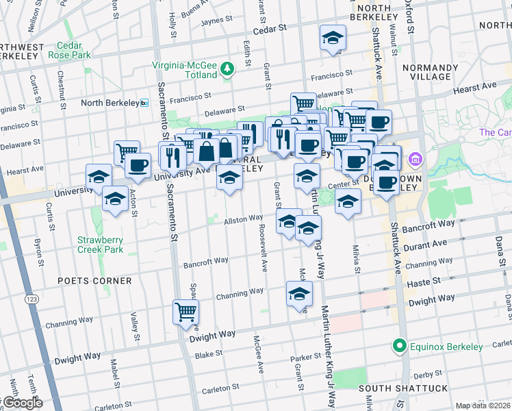 map of restaurants, bars, coffee shops, grocery stores, and more near 2127 McGee Avenue in Berkeley