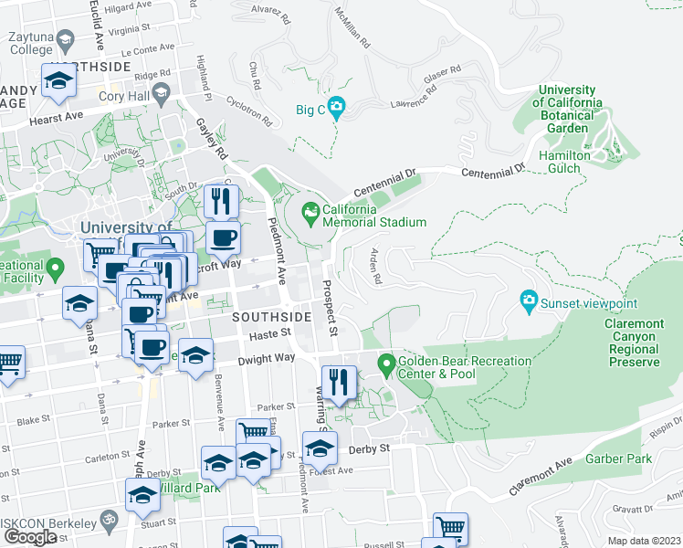 map of restaurants, bars, coffee shops, grocery stores, and more near 7 Panoramic Way in Berkeley