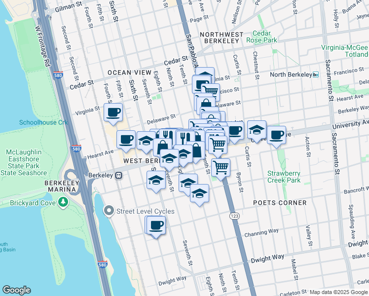 map of restaurants, bars, coffee shops, grocery stores, and more near 975 University Avenue in Berkeley