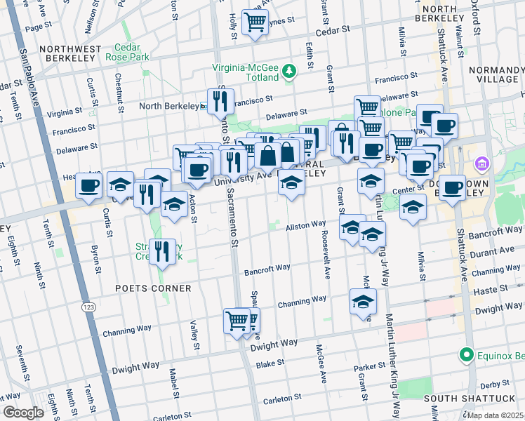 map of restaurants, bars, coffee shops, grocery stores, and more near 2118 California Street in Berkeley