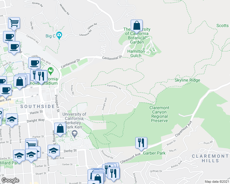 map of restaurants, bars, coffee shops, grocery stores, and more near 567 Panoramic Way in Berkeley