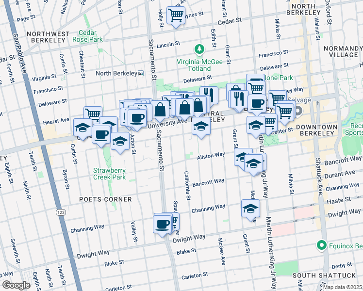 map of restaurants, bars, coffee shops, grocery stores, and more near 2118 California Street in Berkeley