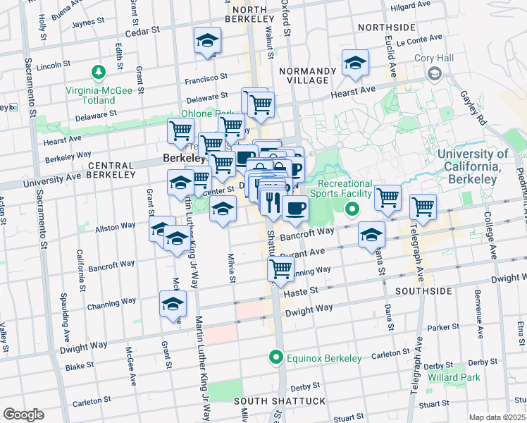map of restaurants, bars, coffee shops, grocery stores, and more near 2208 Shattuck Avenue in Berkeley