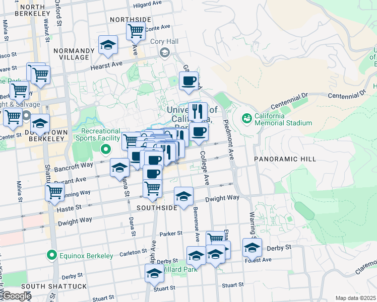 map of restaurants, bars, coffee shops, grocery stores, and more near 2630 Bancroft Way in Berkeley