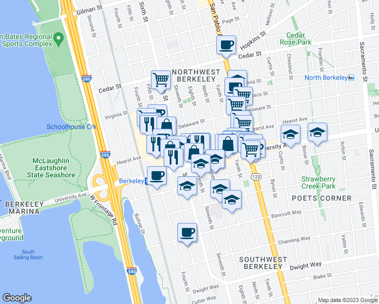 map of restaurants, bars, coffee shops, grocery stores, and more near 1912 7th Street in Berkeley