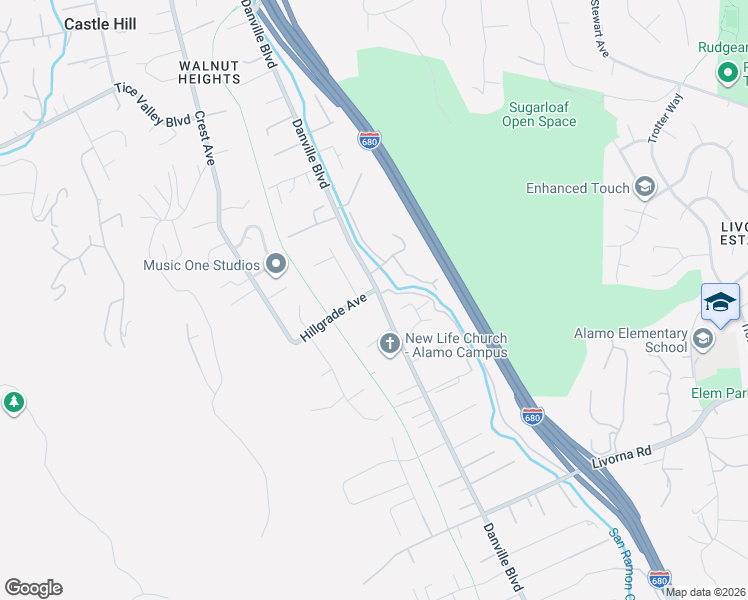 map of restaurants, bars, coffee shops, grocery stores, and more near 1505 Hillgrade Avenue in Alamo