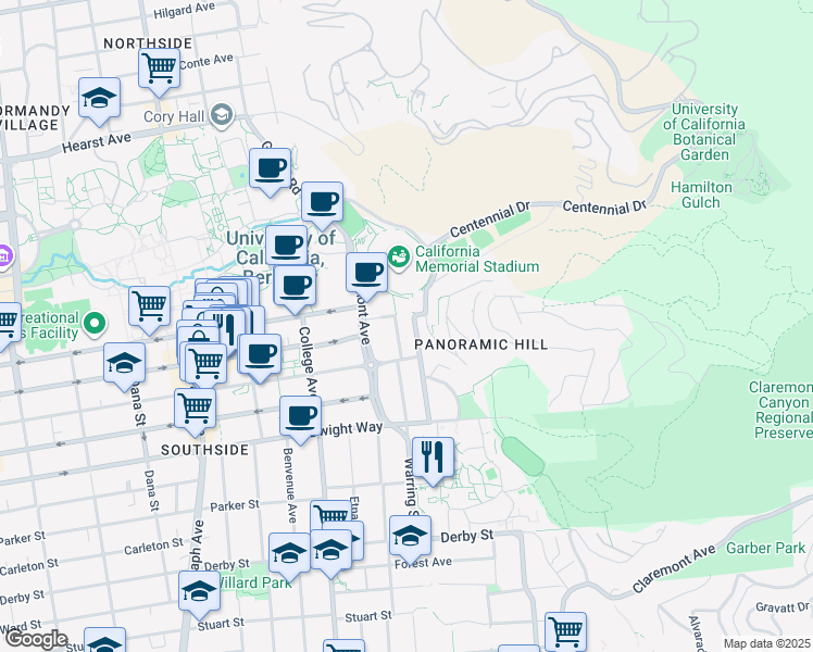 map of restaurants, bars, coffee shops, grocery stores, and more near 2311 Prospect Street in Berkeley