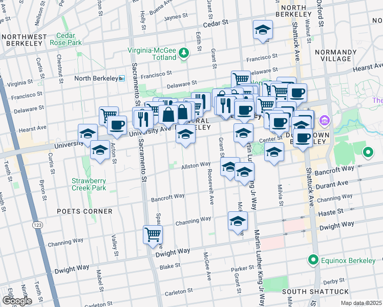 map of restaurants, bars, coffee shops, grocery stores, and more near 2127 McGee Avenue in Berkeley