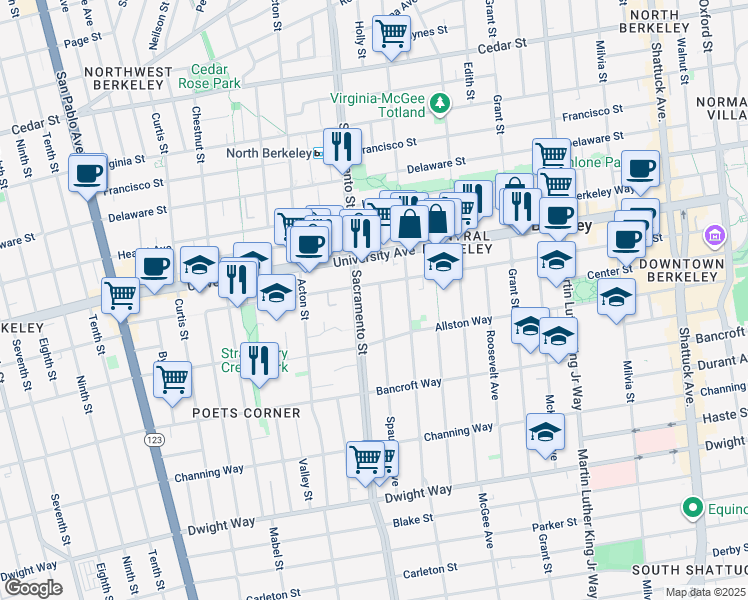 map of restaurants, bars, coffee shops, grocery stores, and more near 2111 Sacramento Street in Berkeley