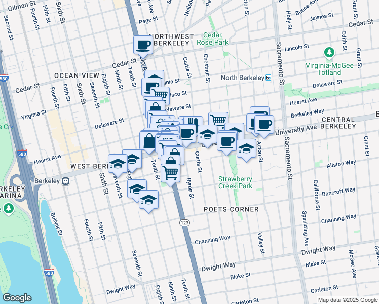 map of restaurants, bars, coffee shops, grocery stores, and more near 1140 University Avenue in Berkeley