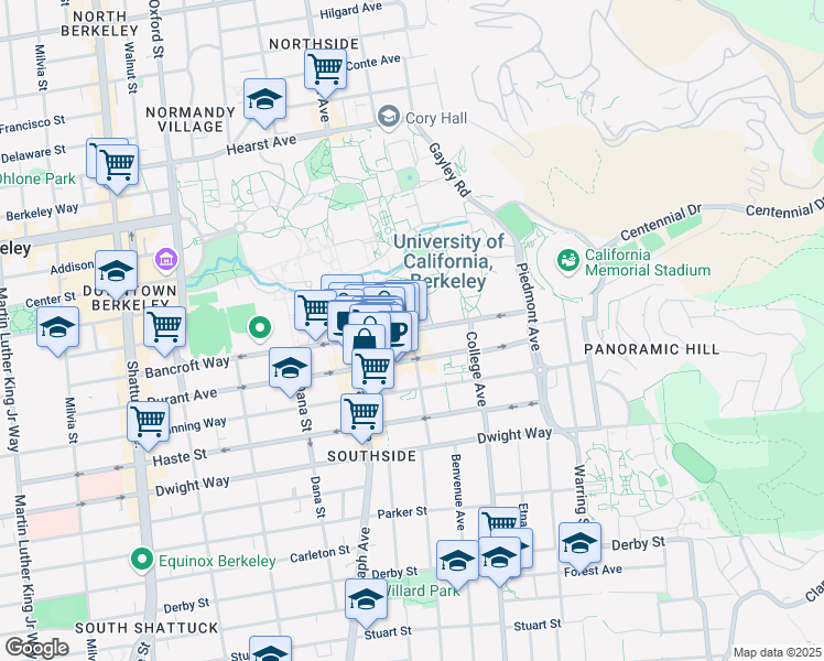 map of restaurants, bars, coffee shops, grocery stores, and more near Bancroft Way & Bowditch St in Berkeley
