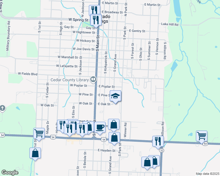 map of restaurants, bars, coffee shops, grocery stores, and more near 206 East Poplar Street in El Dorado Springs