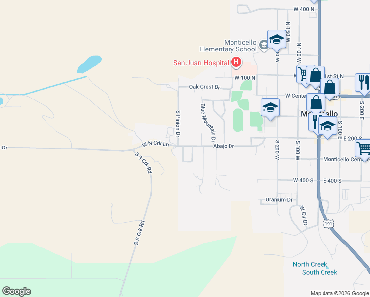 map of restaurants, bars, coffee shops, grocery stores, and more near 449 Latigo Loop in Monticello