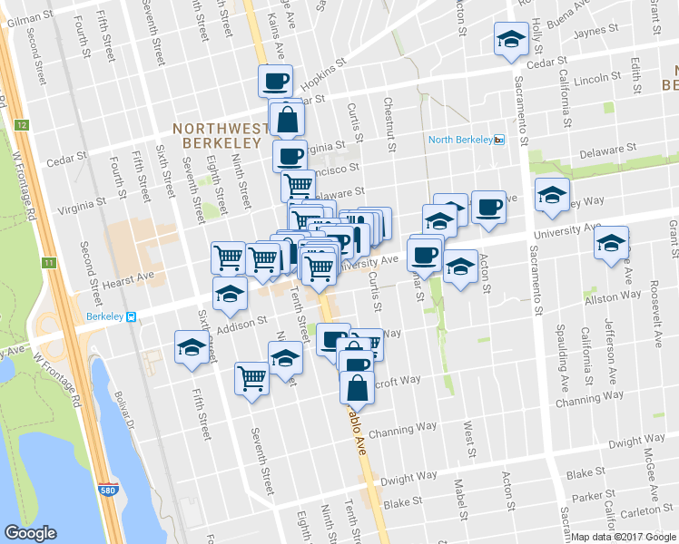 map of restaurants, bars, coffee shops, grocery stores, and more near 1140 University Avenue in Berkeley