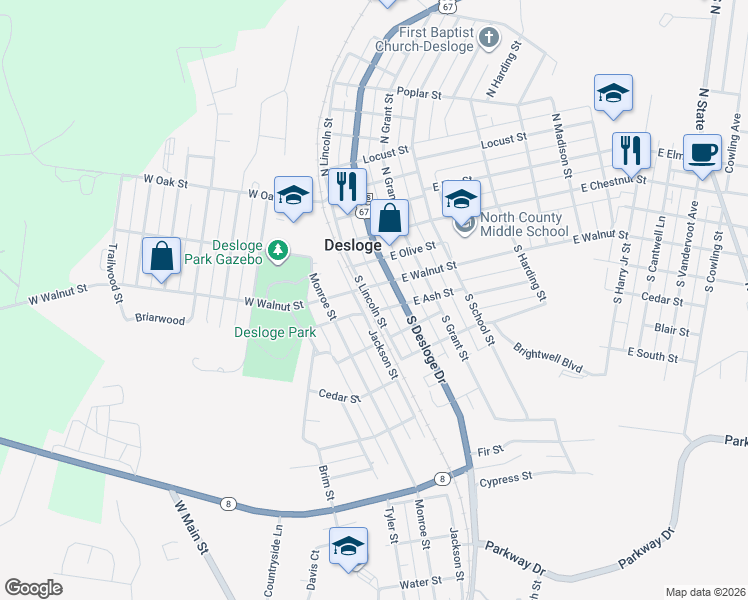map of restaurants, bars, coffee shops, grocery stores, and more near 304 South Lincoln Street in Desloge
