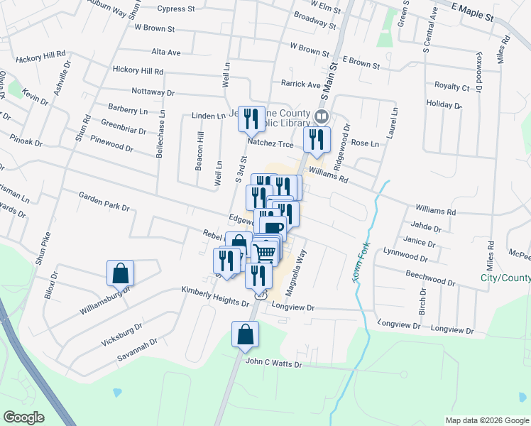 map of restaurants, bars, coffee shops, grocery stores, and more near 106 East Edgewood Drive in Nicholasville