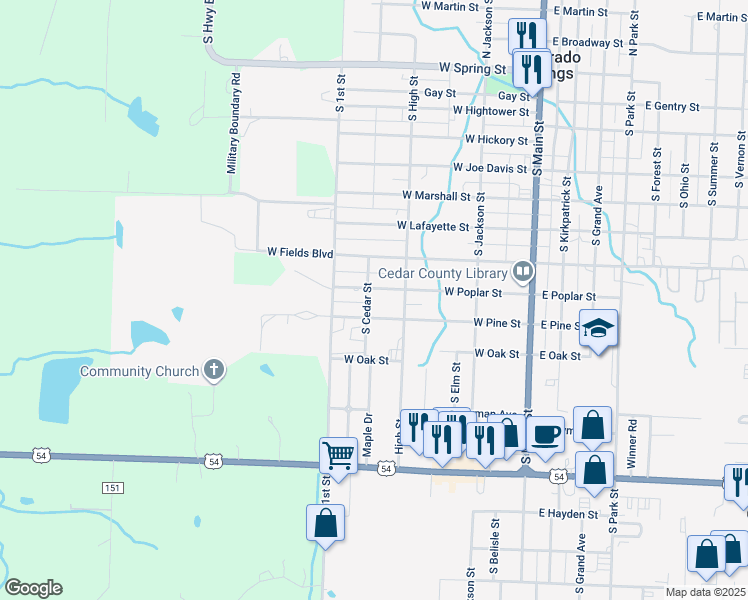 map of restaurants, bars, coffee shops, grocery stores, and more near 903 South Cedar Street in El Dorado Springs