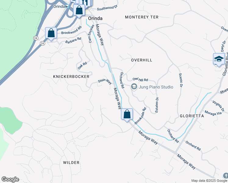 map of restaurants, bars, coffee shops, grocery stores, and more near 160 Moraga Way in Orinda