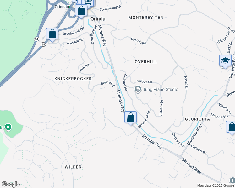 map of restaurants, bars, coffee shops, grocery stores, and more near 160 Moraga Way in Orinda