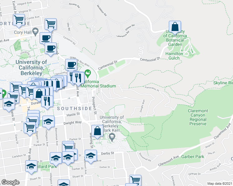 map of restaurants, bars, coffee shops, grocery stores, and more near 208 Panoramic Way in Berkeley