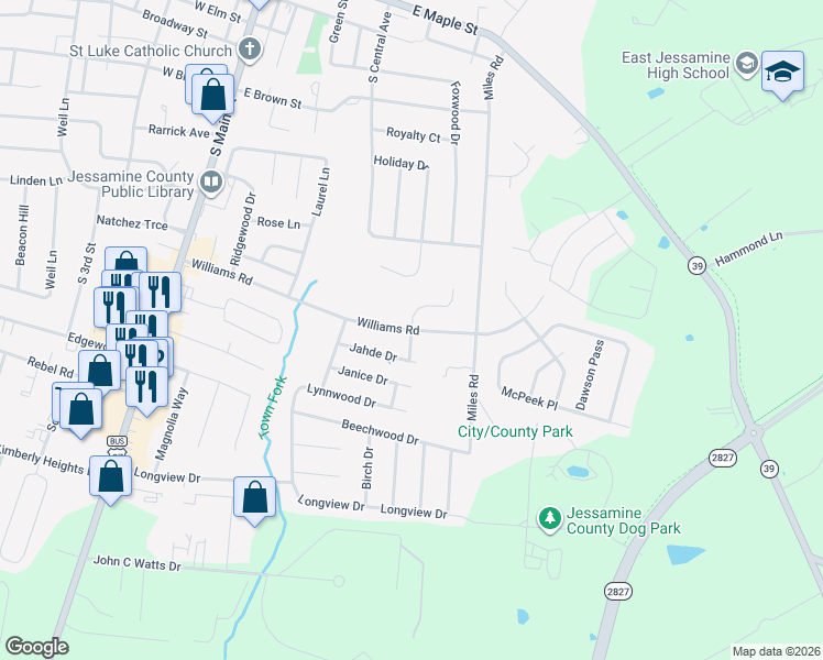 map of restaurants, bars, coffee shops, grocery stores, and more near 604 Williams Road in Nicholasville
