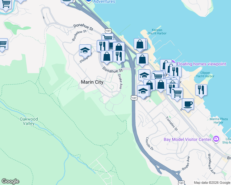 map of restaurants, bars, coffee shops, grocery stores, and more near in Marin City