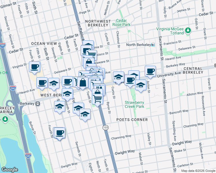 map of restaurants, bars, coffee shops, grocery stores, and more near 1176 University Avenue in Berkeley