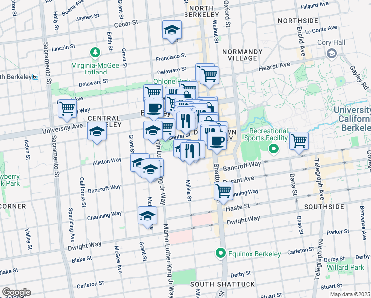 map of restaurants, bars, coffee shops, grocery stores, and more near Allston Way in Berkeley