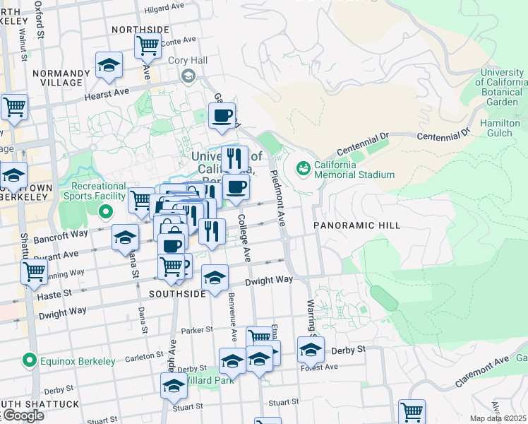 map of restaurants, bars, coffee shops, grocery stores, and more near 2728 Bancroft Way in Berkeley