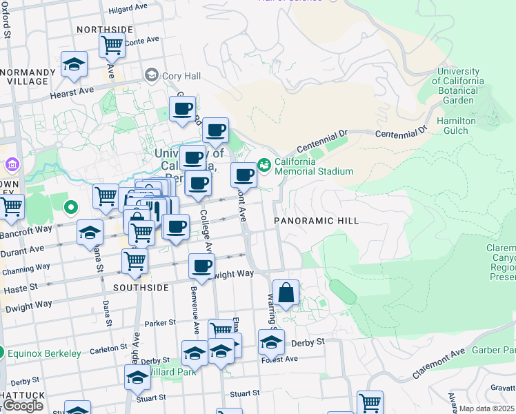 map of restaurants, bars, coffee shops, grocery stores, and more near 2300 Warring Street in Berkeley