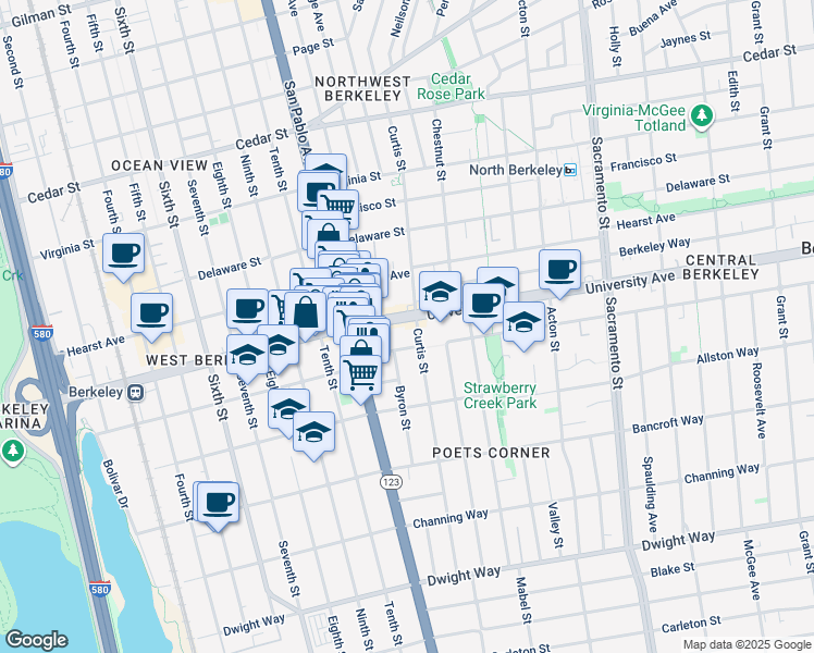 map of restaurants, bars, coffee shops, grocery stores, and more near 1140 University Avenue in Berkeley