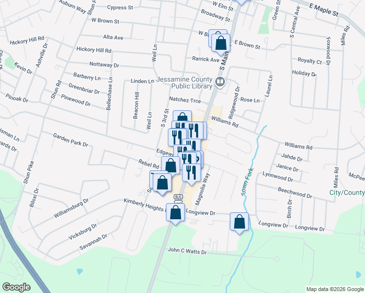 map of restaurants, bars, coffee shops, grocery stores, and more near 106 East Edgewood Drive in Nicholasville