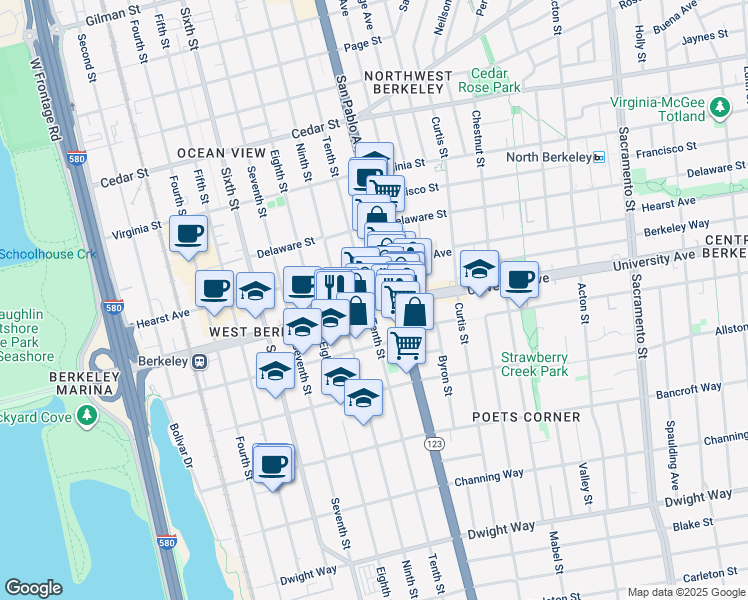 map of restaurants, bars, coffee shops, grocery stores, and more near in Berkeley