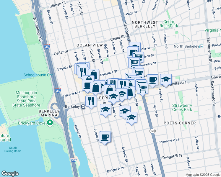 map of restaurants, bars, coffee shops, grocery stores, and more near 1909 Seventh Street in Berkeley