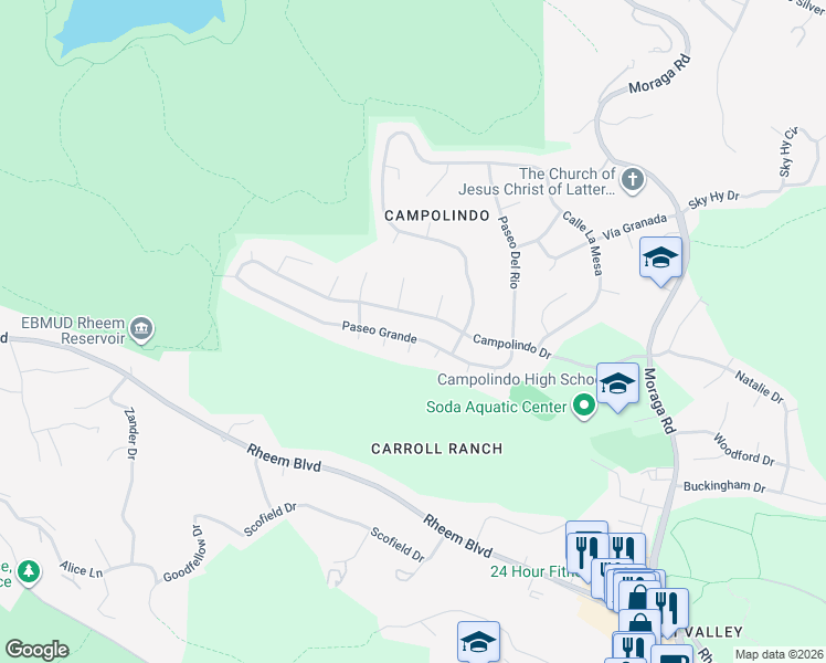 map of restaurants, bars, coffee shops, grocery stores, and more near 3890 Paseo Grande in Moraga