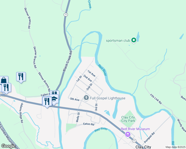 map of restaurants, bars, coffee shops, grocery stores, and more near 1st Avenue in Clay City