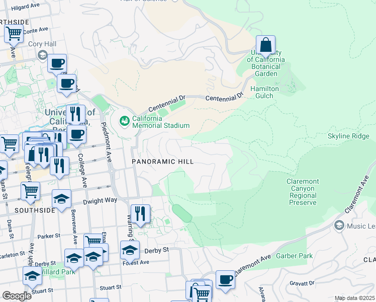 map of restaurants, bars, coffee shops, grocery stores, and more near 340 Panoramic Way in Berkeley