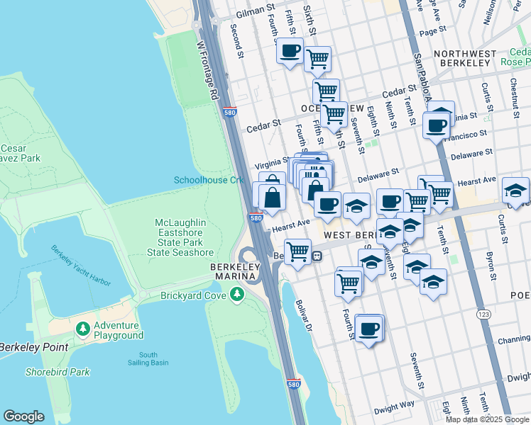 map of restaurants, bars, coffee shops, grocery stores, and more near 1805 Eastshore Highway in Berkeley