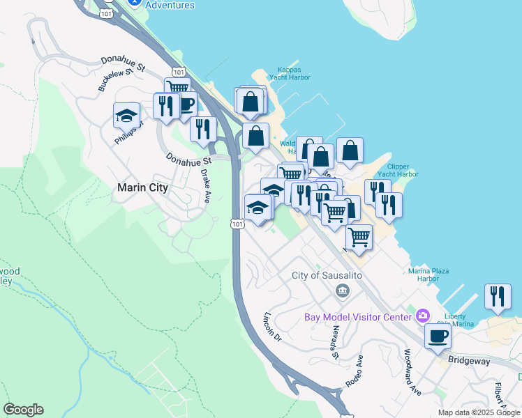 map of restaurants, bars, coffee shops, grocery stores, and more near 610 Coloma Street in Sausalito