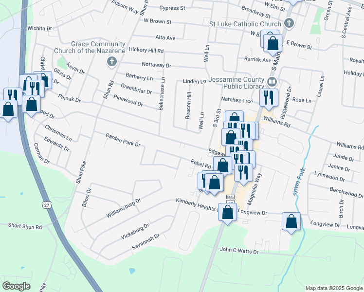 map of restaurants, bars, coffee shops, grocery stores, and more near 314 Edgewood Drive in Nicholasville