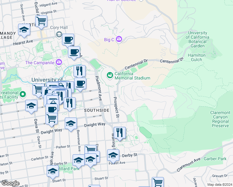 map of restaurants, bars, coffee shops, grocery stores, and more near 2 Panoramic Way in Berkeley