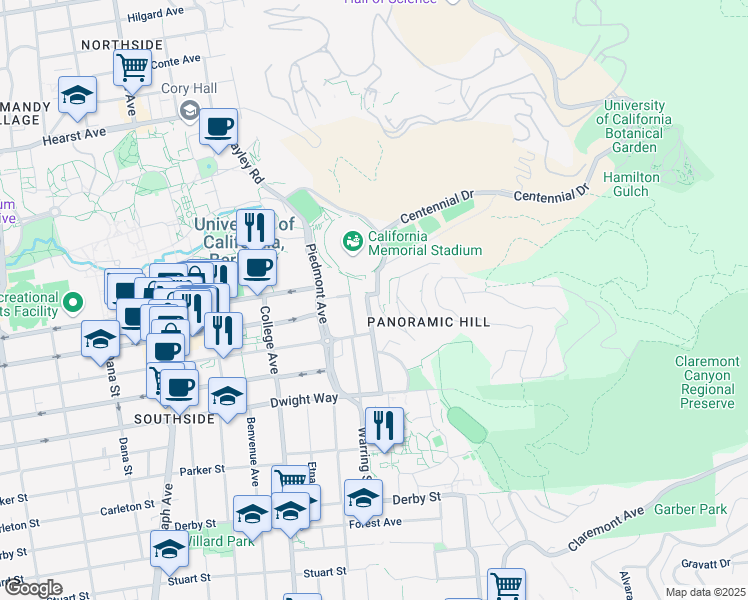 map of restaurants, bars, coffee shops, grocery stores, and more near 2 Panoramic Way in Berkeley