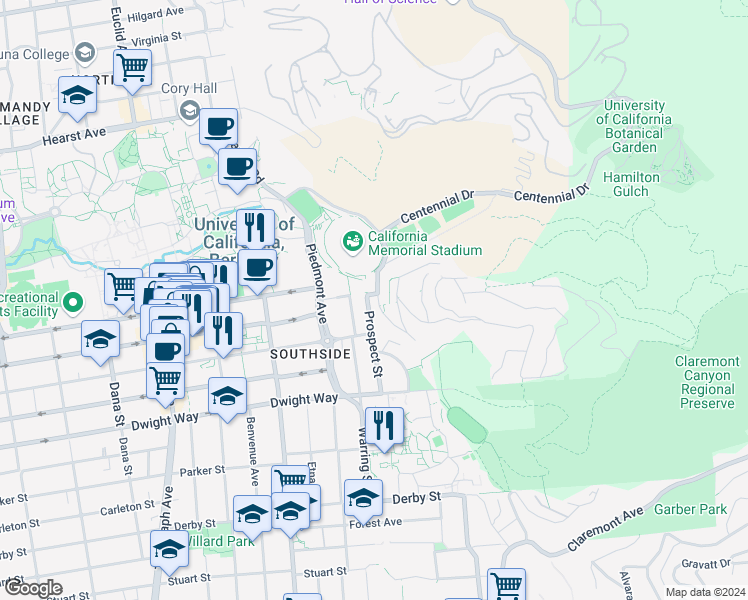map of restaurants, bars, coffee shops, grocery stores, and more near 2 Panoramic Way in Berkeley