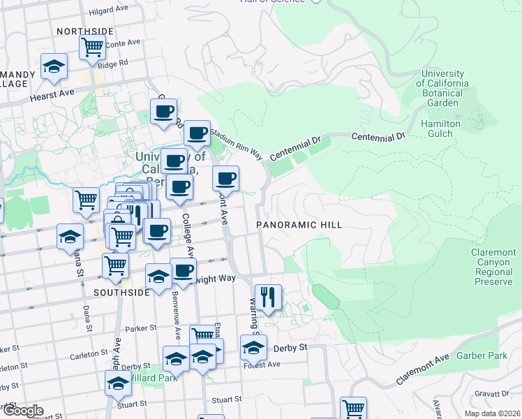 map of restaurants, bars, coffee shops, grocery stores, and more near 2311 Prospect Street in Berkeley