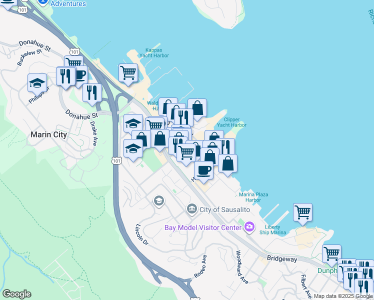 map of restaurants, bars, coffee shops, grocery stores, and more near 400 Gate 5 Road in Sausalito